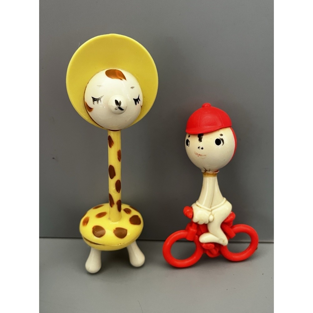 Vintage BABY RATTLE Lot Plastic Plakie Giraffe in Bonnet Instruments Bike Rider